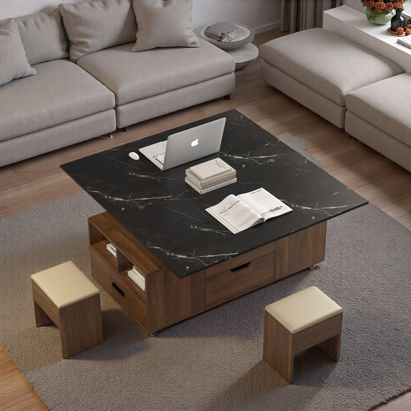 Ensemble de tables basses 3 pièces avec 2 tabourets, 1 rangement caché et tiroirs