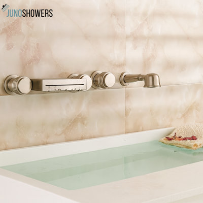 Juno Wall-Mounted Brushed Nickel Bathtub Faucet with Waterfall Spout & Handheld Shower