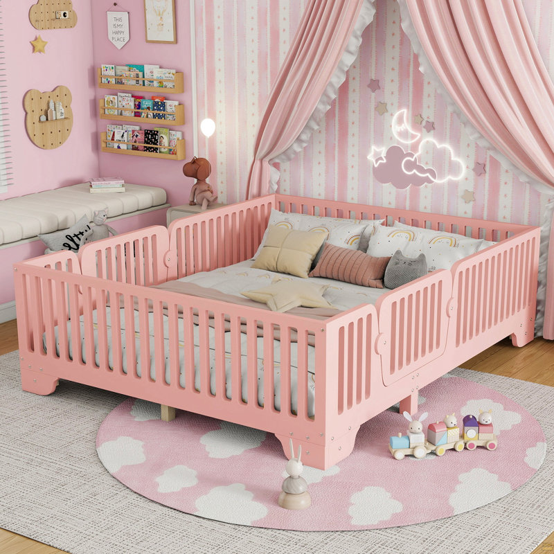 Lit double avec lattes et clôture, lit double Montessori avec porte, Rose