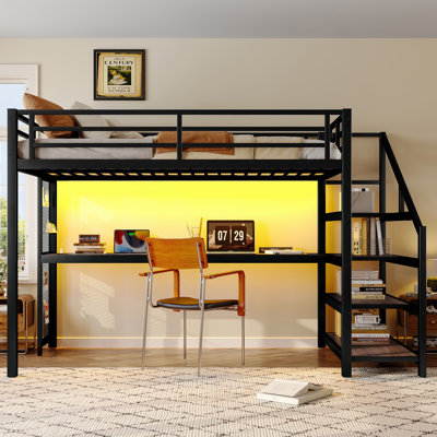 Twin XL Loft Bed With Desk And Storage Stairs,Metal Loft Beds With LED Lights,USB Ports,Multifunctional Iron Nets,No Spring Box Needed And Noise-Free,Black