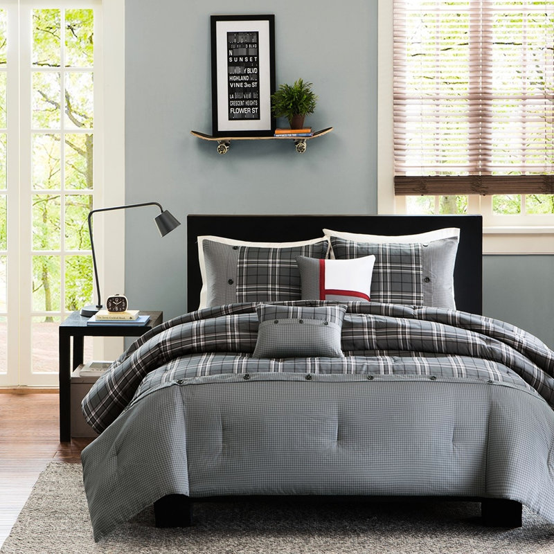 Édredon multicolore à carreaux gris avec coussin décoratif, Twin Comforter + 3 Additional Pieces