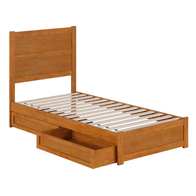 Lit plateforme avec tiroirs de rangement en bois Aveline, Très grand simple, Caramel clair