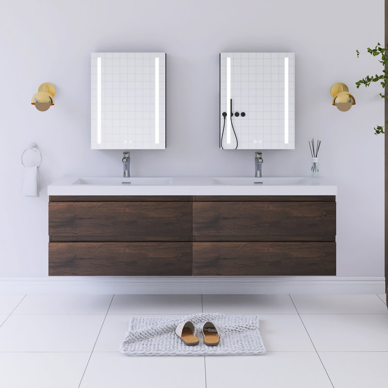 Reaiah 71'' Double Bathroom Vanity with Resin Top, Rose Wood