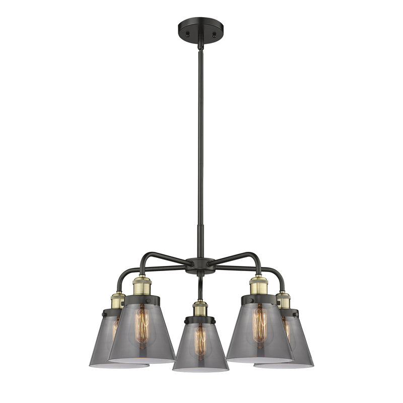 Cone 5 Light Stem Hung Chandelier, Black Antique Brass, Plated Smoke