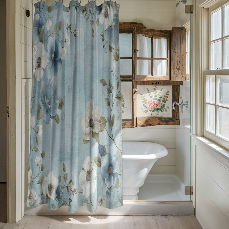 Rideau de douche standard bleu à motif floral antique - 1 pièce, H 74 po x l 71 po