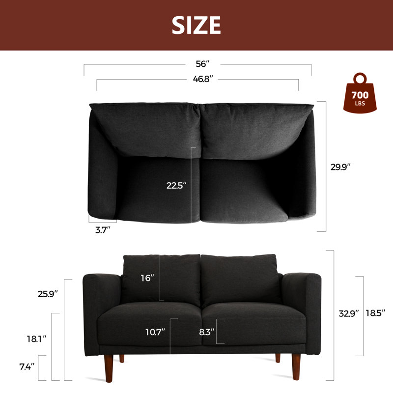 Marick 56'' Squre Arms Linen Sofa,Thickened Seat Cushion for More Comfort, Black