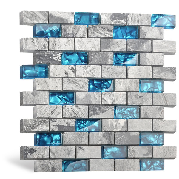 Teal Blue 1''x2'' Natural Stone/Glass Brick Joint Mosaic Wall Tile