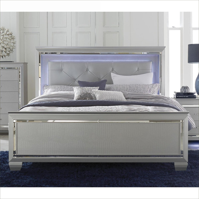 Pour lit double de luxe pour chambre principale de luxe, lit tapissier argenté doux avec tête de lit à DEL