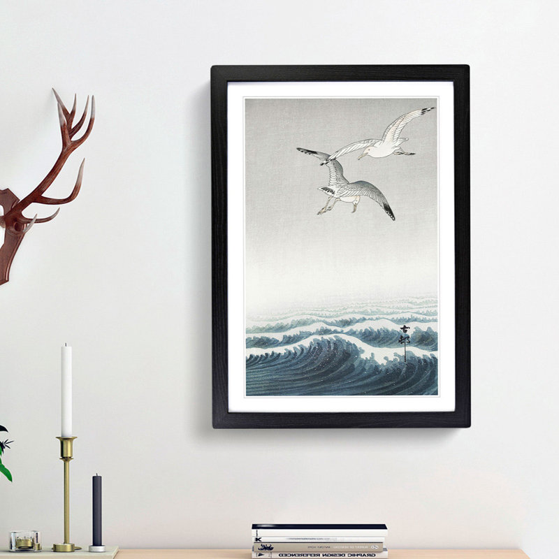 Three Seagulls by Ohara Koson - Picture Frame Painting Print, 48cm H x 36cm W x 2cm D, Black Framed