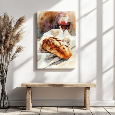 Watercolor Loaf of Bread & Glass of Red Wine Still Life Canvas Wall Art - Gallery Wrap Canvas with Solid Wood Inner Frame, Ready to Hang
