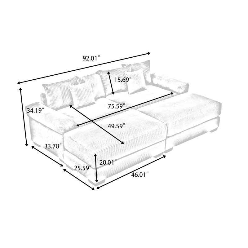 Modern stycle 2-Seater Oversized Corduroy Sofa set with two ottomans, Extra-Wide Seats and Plush Armrests, Throw Pillows