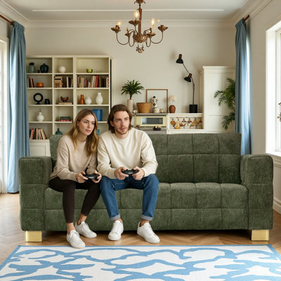 Canapé à 3 places à accoudoirs larges en chenille bleue rétro avec pattes en acier inoxydable et siège capitonné sur mesure SOFA FX-P54-RB SOFA