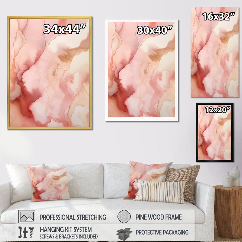 «Pink and Gold Enchanted Spills IV», reproduction sur toile, 20" H x 12" W, Cadre flottant noir