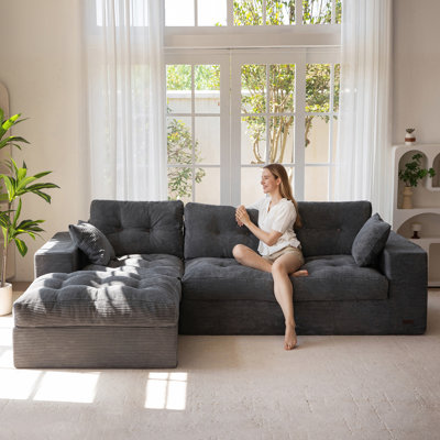 No Assembly Required Plush Corduroy Sofa, 2-Piece Sleeper Sofa with L-Shape Chaise