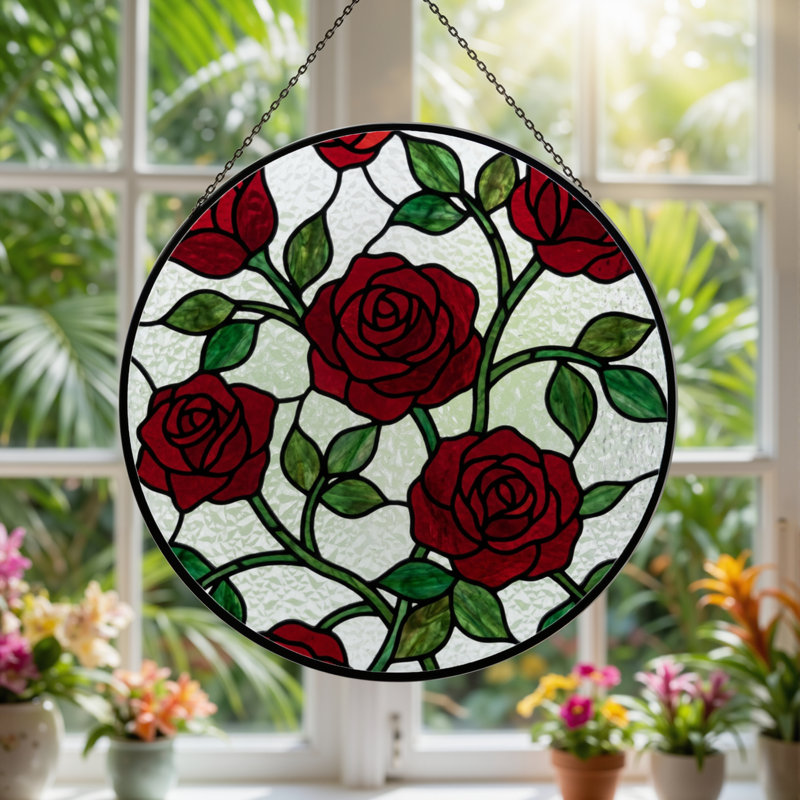 Vitrail de vitrail H 7,8 po Red Roses, H 7,8 po x l 7,8 po