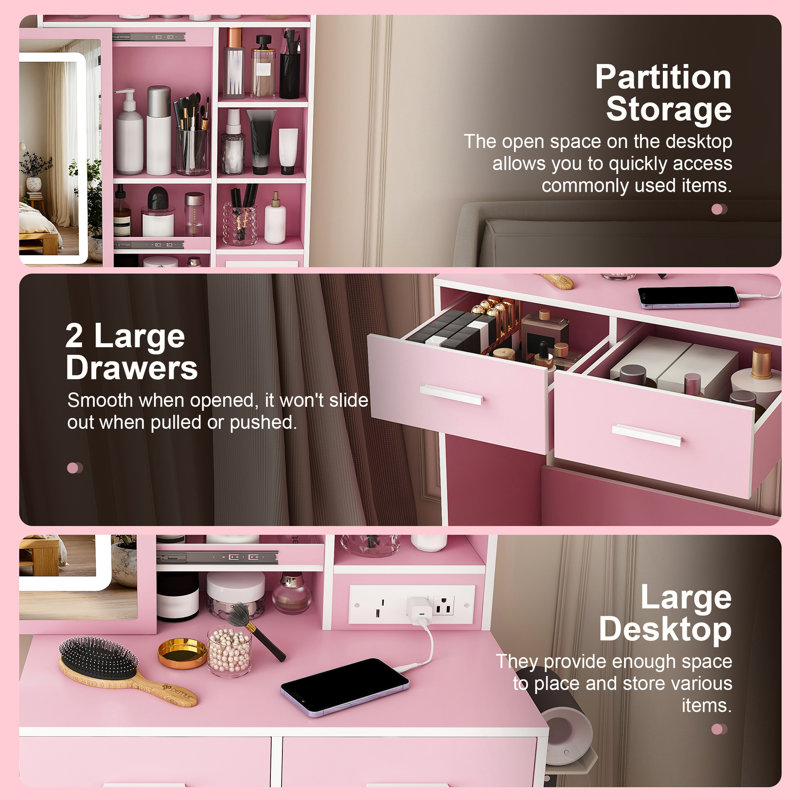 Petit bureau de coiffeuse avec miroir et lumières DEL réglables, prise de courant intégrée et rangement dissimulé, comprend tabouret et tablette rembourrés, coiffeuse pour petites chambres