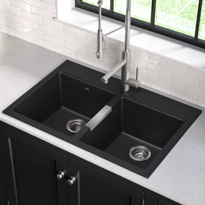 KRAUS 33 Inch Dual Mount 50/50 Double Bowl Granite Kitchen Sink w/ Topmount and Undermount Installation in Black Onyx KRAUS 33 Inch Dual Mount 50/50 Double Bowl Granite Kitchen Sink w/ Topmount and Undermount Installation in Black Onyx