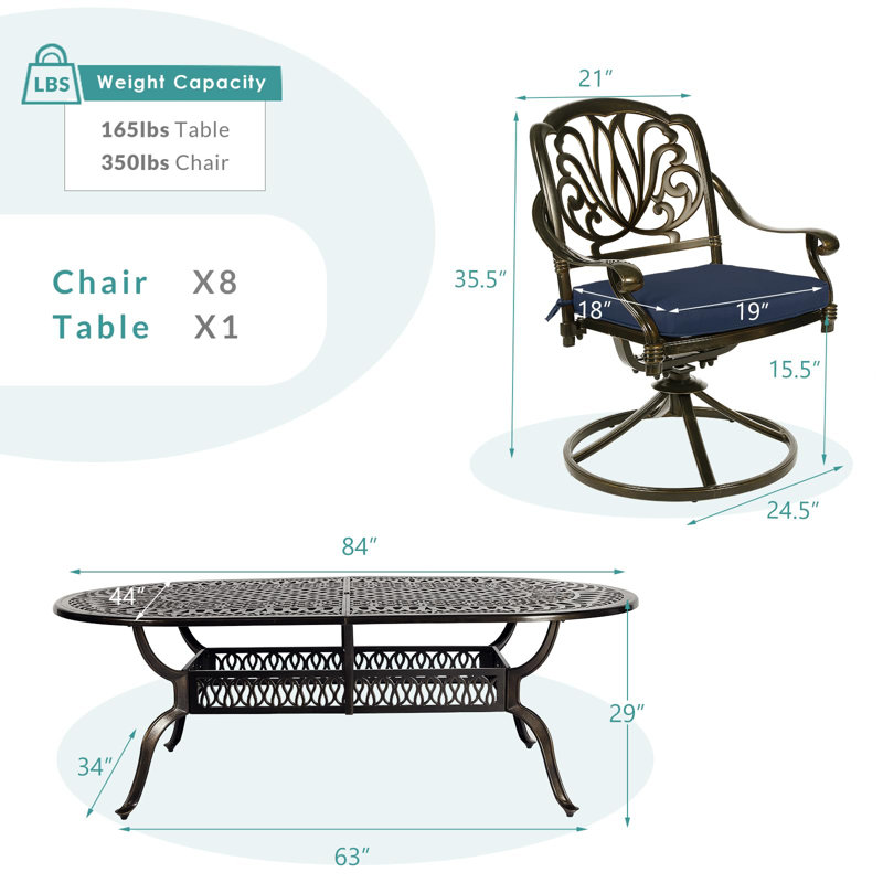 Oval 8 - Person 84'' Long Dining Set with Cushions, Navy Blue