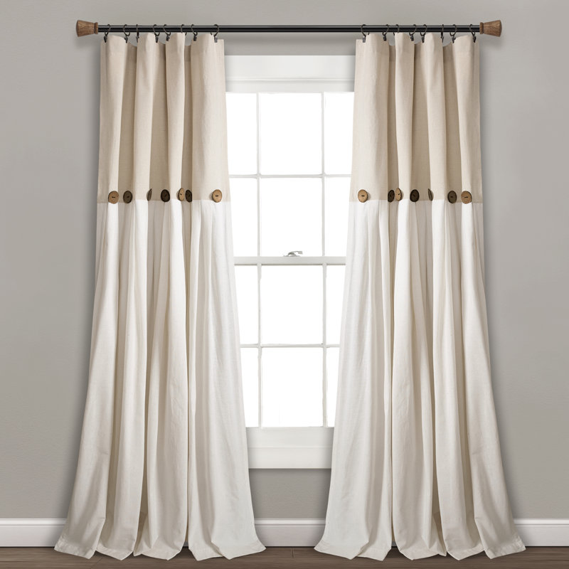 Linen Off-White Pleated Light-Filtering Curtain Panel with Buttons