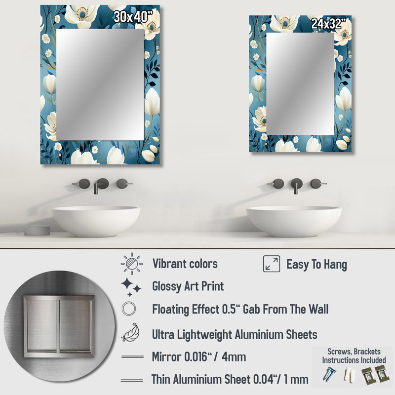 Svanik blanc et bleu fleurs pré Serenity - grand miroir floral, décor de miroir mural Cottage, 32 po x 24 po