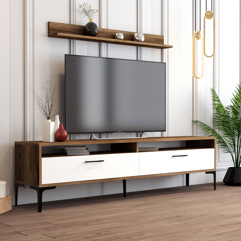 Modern Walnut & White TV Unit with Wall Shelf, 70.9 x 18.5 x 13.8 inches | 100% Melamine Coated Particle Board, Metal Legs, Plastic Handle | Stylish Design, Numerous Shelves for Entertainment Essentials
