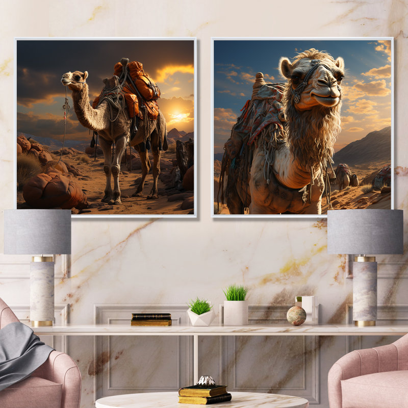 Majestic Camel Desert Wanderer I - ensemble de 2 impressions sur toile chameau, Cadre flottant blanc