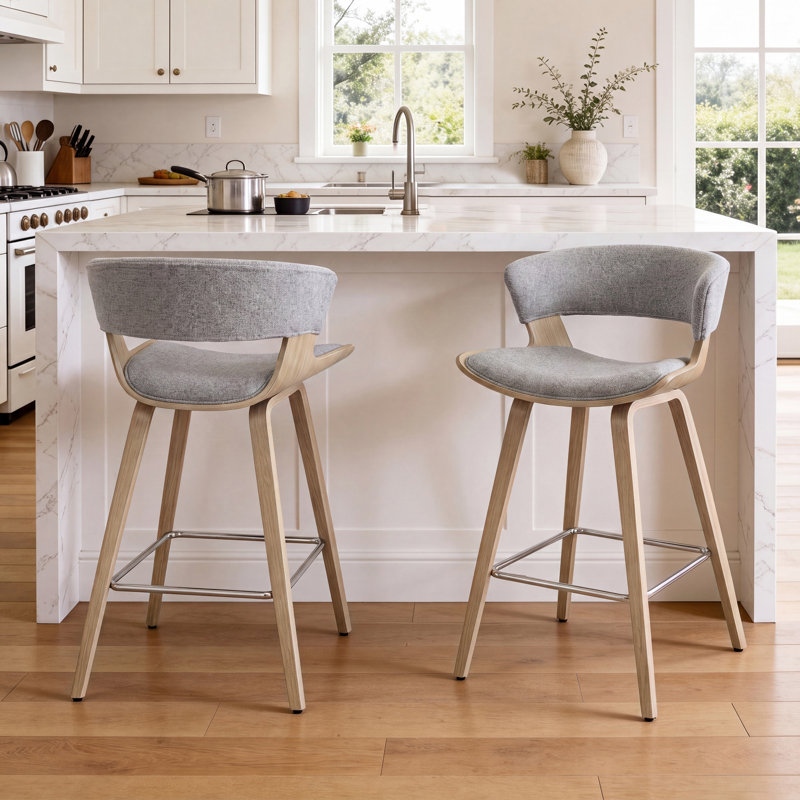 Binni 26.97" Sherpa Fleece Upholstered Counter Stool with Solid Wood Frame, White Gray