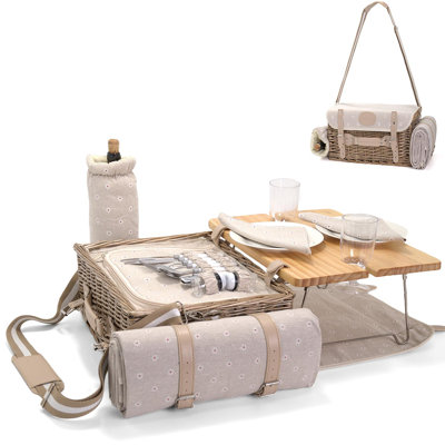 Mutifunctional Wicker Picnic Basket Set For 2 With Blanket And Picnic Table, Insulated Picnic Set With Full Tablewares For Camping Outdoor Couples Valentine Thanks Giving Birthday, Flowers