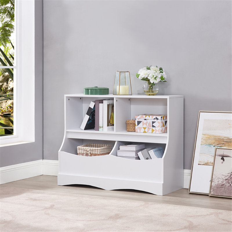 Toy Storage Organizer with Bookcase, Kid's Multi Shelf Wooden Cubby for Books