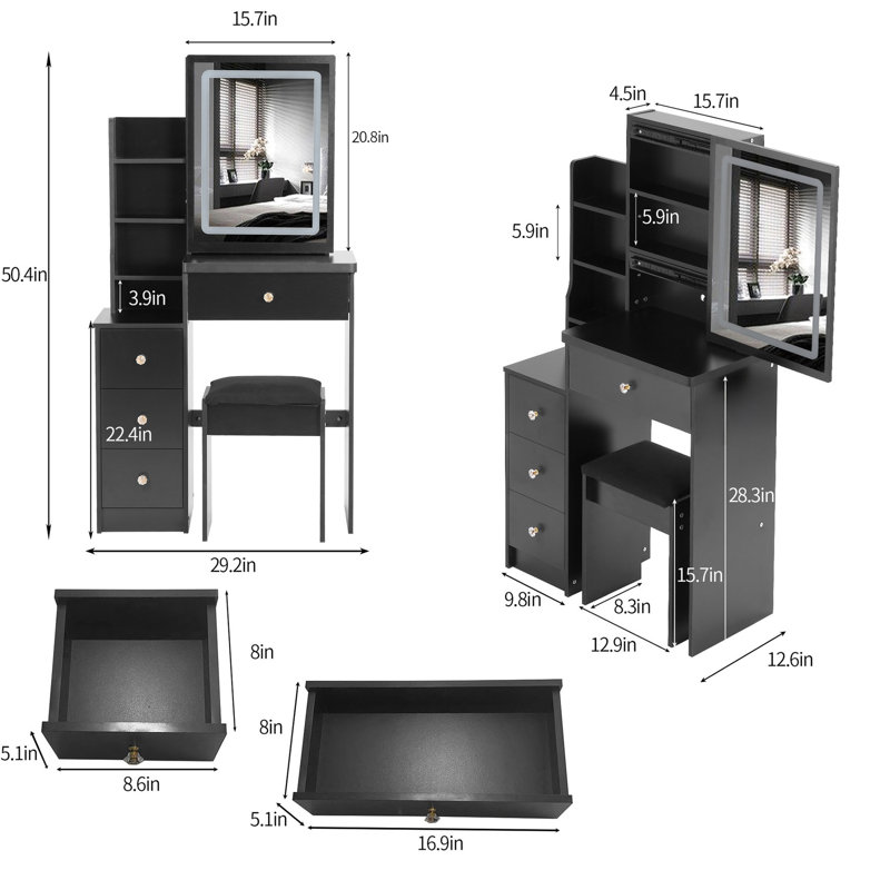 Compact Left Bedside Vanity With Led Mirror, Adjustable Brightness & Color Choices, Cushioned Seat, , Black, For Small Rooms Space- Dressing Stool Touch Control Variable And Switching, Black American