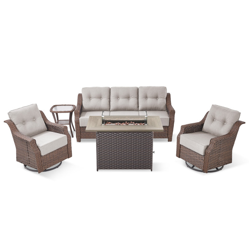 Lisandro 5-Piece All-Weather Outdoor Wicker Rectangle Fire Pit Conversation Set With Swivel Gliders And Side Table For Patio＆Garden