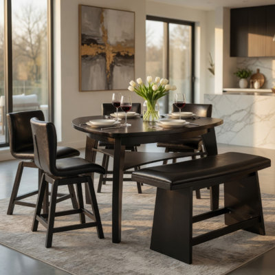 Leya 7Pc Counter Table And Chair Set, Black Faux Leather, Solid Wood
