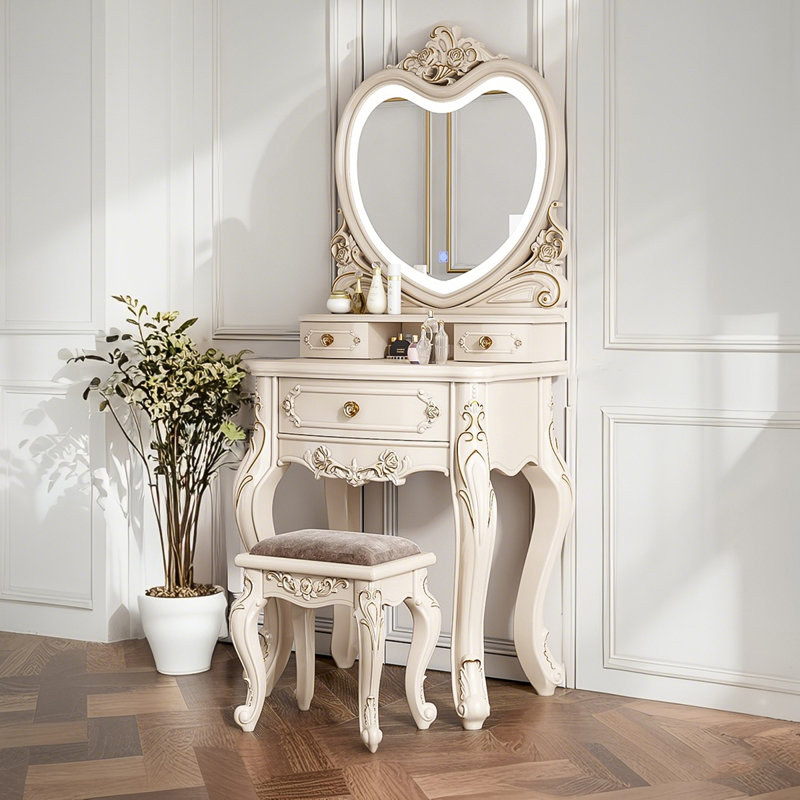 23.62"Light Luxury Compact Solid Wood Vanity Desk with Heart-shaped Mirror