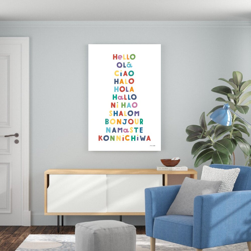 «Say Hello», art textuel sur toile tendue, H 48 po x l 32 po