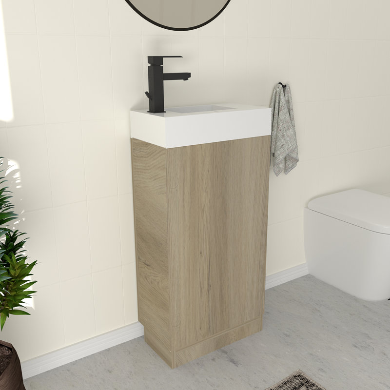 Petit meuble-lavabo 16 po avec lavabo, petit espace, 2 porte-papier hygiénique et pochette de rangement, Brun