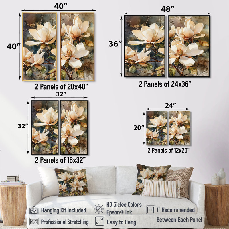Crème Magnolia symphonique - impressions traditionnelles sur toile 2 panneaux blancs, H 36 po x l 48 po, Noir