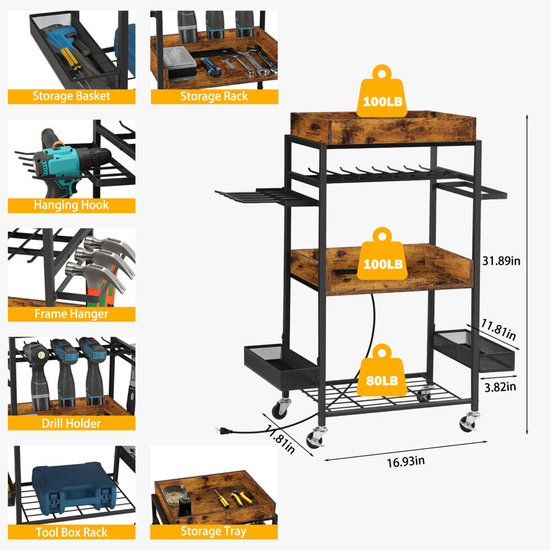 Organisateur mural pour outils électriques avec prise, Brun