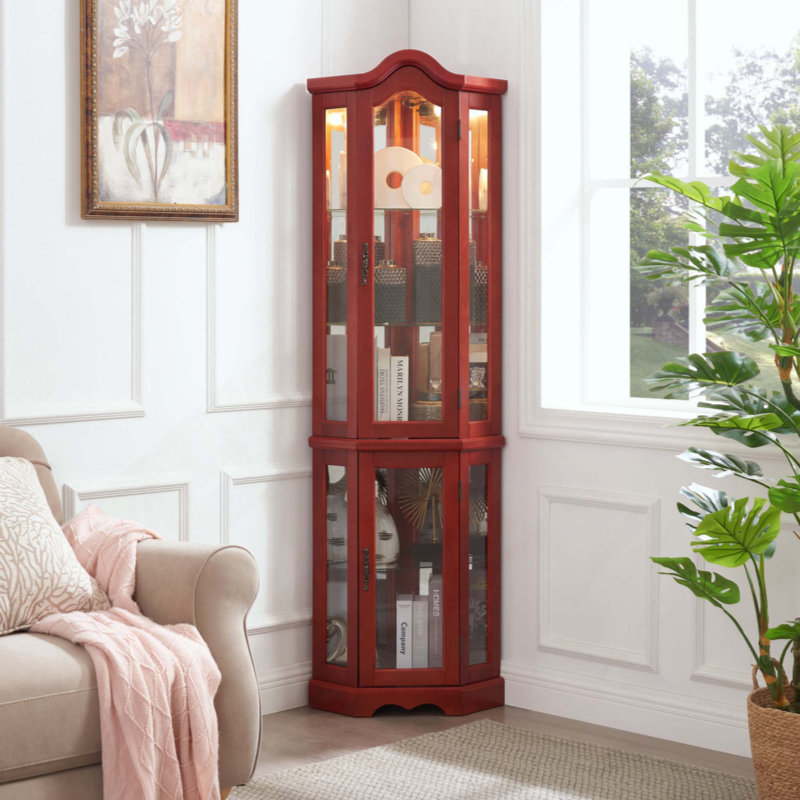 Lighted Corner Curio Cabinet With Tempered Glass Doors & Shelves - Elegant Display Case With Bulb For Living Room & Bedroom Décor
