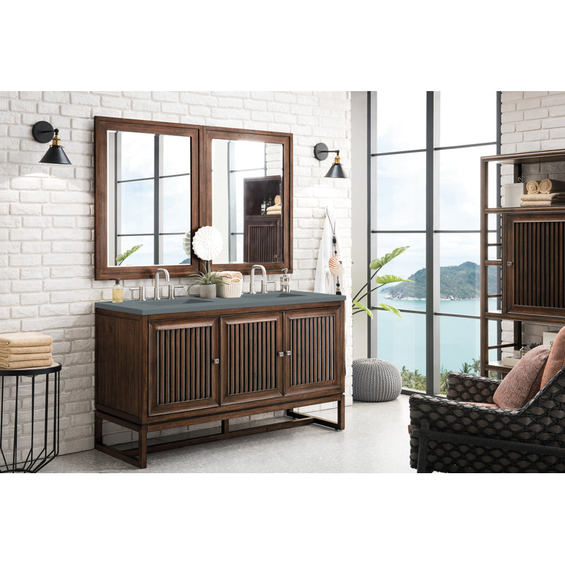 Meuble-lavabo double l 60 po Athens, Acacia Mid-Century, Blanc Zeus, Trou unique