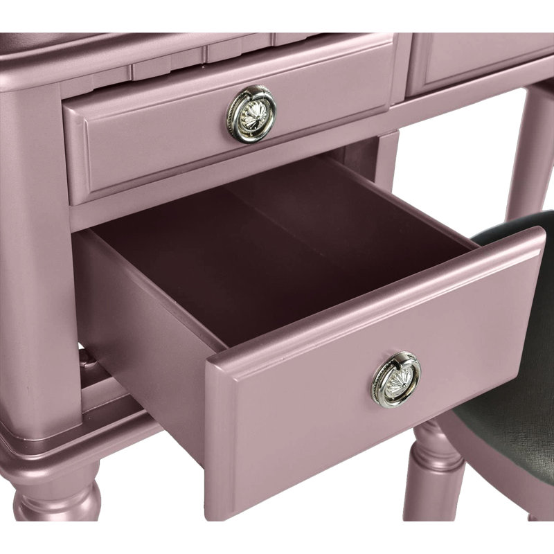 Meuble-lavabo classique en or rose, avec miroir pliable, cinq tiroirs et un tabouret rond rembourré, conception en bois d'hévéa massif de style contemporain doré, confortable