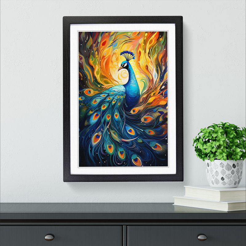 Peacock Futurism - Single Picture Frame Print on Wood, Black Framed, 46cm H x 34cm W x 2" D