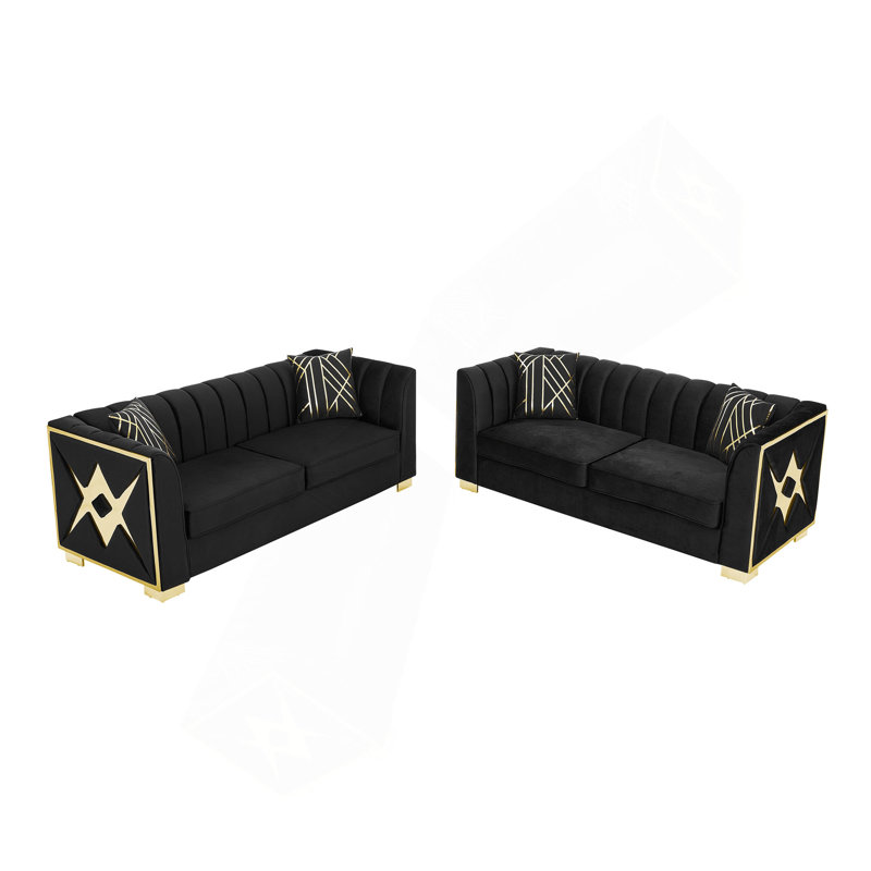 81.1 Inches Velvet Button Tufted Sofa Couch With 2 Pillows, 3 Seater Luxury Chesterfield Sofa Set With Gold Stainless Steel Accents For Living Room, Velvet