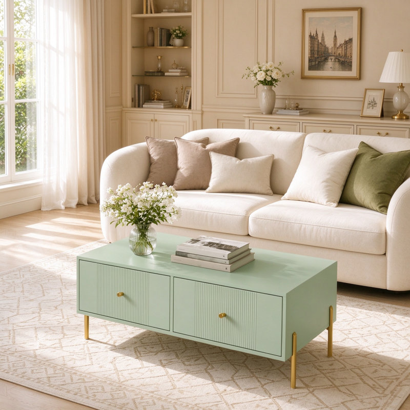 Modern Coffee Table with Two Storage Drawers and Metal Legs, Light Green and Gold Tone Particle Board Table for Living Room and Bedroom, 100L x 50W x 43H cm