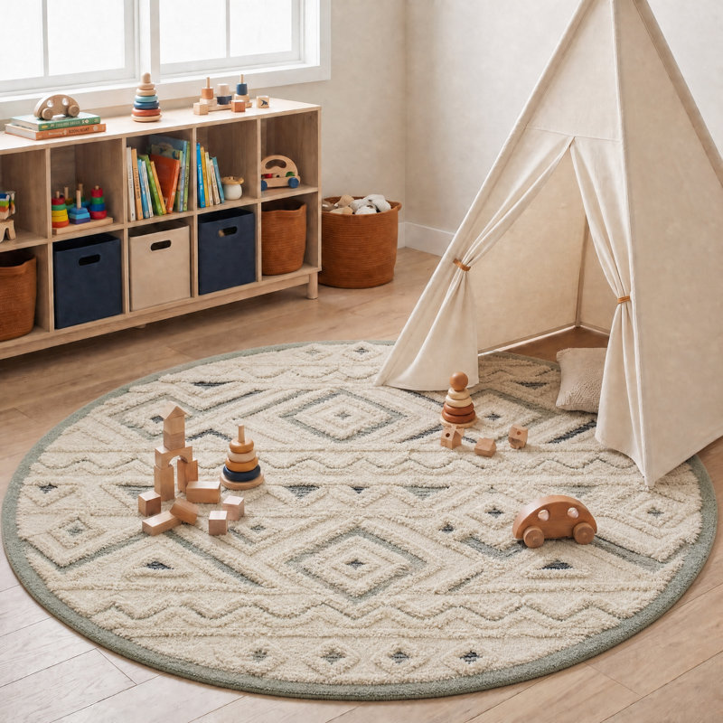 Tapis crème / gris en laine touffeté à la main Round Rug, Rond 6 pi