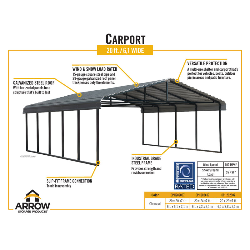 Galvanized Steel Carport, 20X29X7, Charcoal