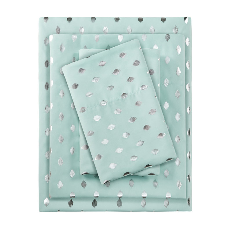 Metallic Polka Dot Printed Sheet Set, Twin Sheet Set + 1 Fitted Sheet + 2 Pillowcases, Gray/Silver