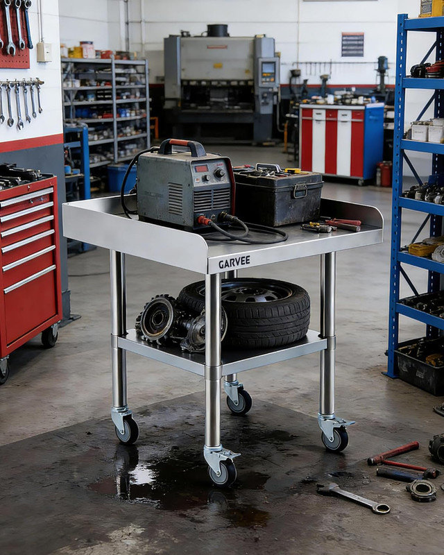Table de préparation mobile en acier inoxydable avec pare-éclaboussures et chariot de cuisine commercial robuste