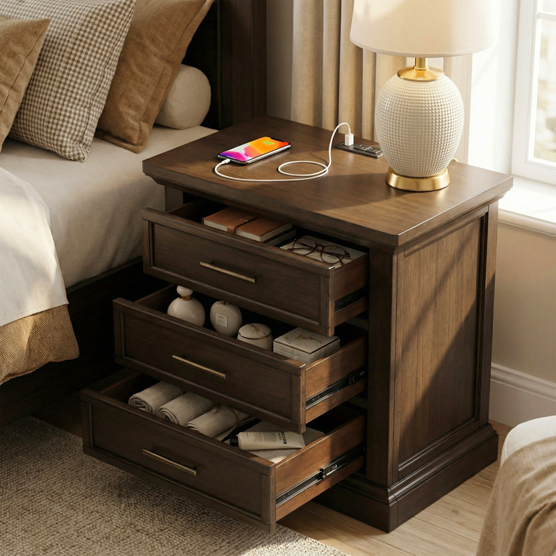 Solid Wood 3-Drawer Nightstand Bedside Table