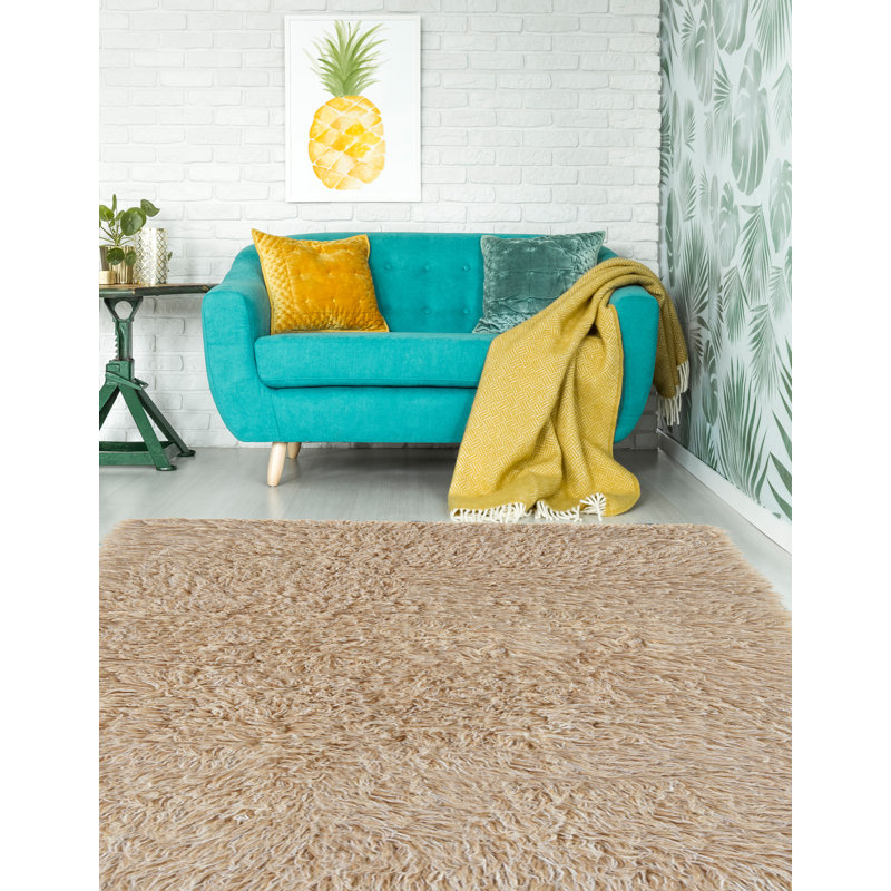 Alamin Handmade Flokati Wool Light Brown Area Rug, Rectangle 9' x 12'