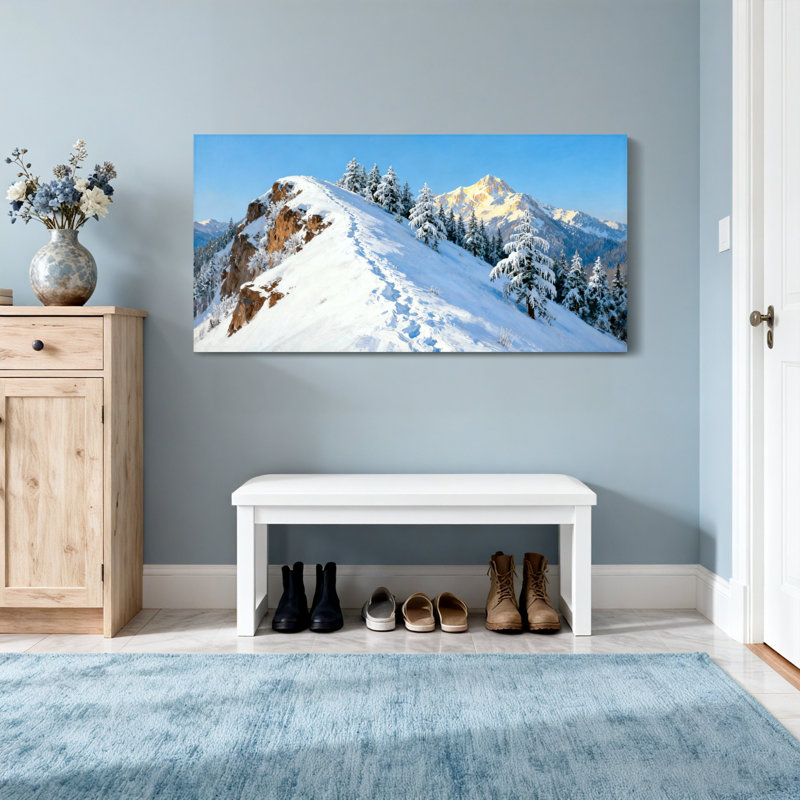 Paysage et nature, sommet de montagne enneigé avec pins, H 16 po x l 32 po